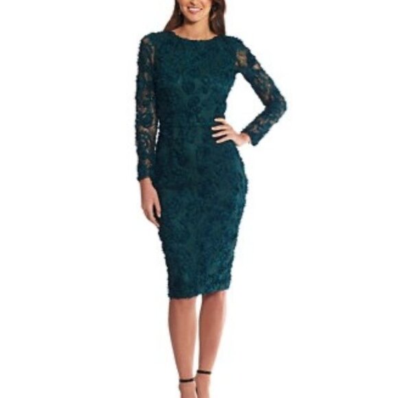 X By Xscape Green Lace Floral Long Sleeve Midi Dress Size 10 - Picture 5 of 5